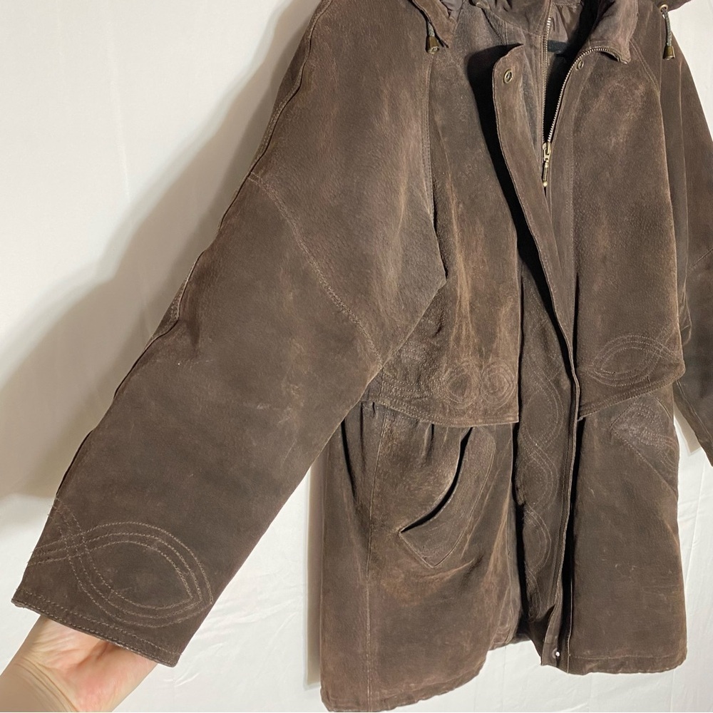 Vintage 90s Outlook Brown Suede Leather Coat With Drawstring Waist M - Picture 12 of 16